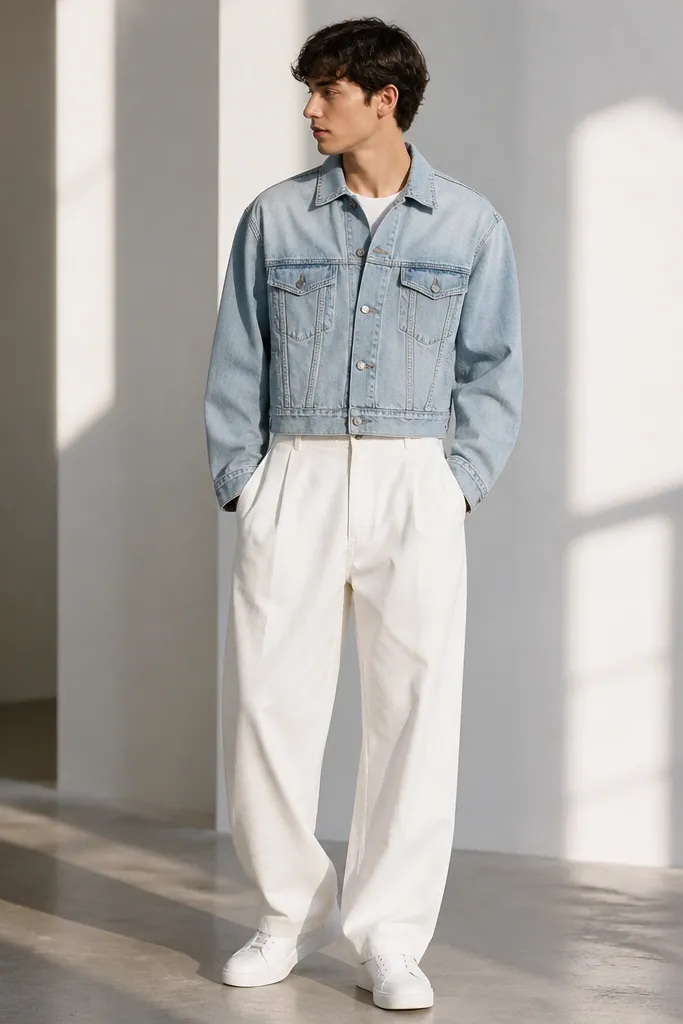 A man wears white baggy pants with a light blue denim jacket cropped around the waist. He pairs them with clean white low-top sneakers. The jacket has visible stitching and classic button hardware; the pants fall in loose folds.