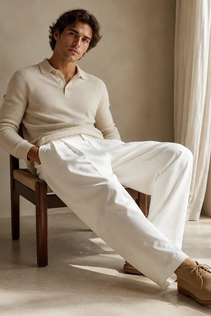 A man wears cream knit polo with white baggy pants and tan suede desert boots. The polo has a neat collar and ribbed cuffs; the pants show relaxed pleats and a soft drape.
