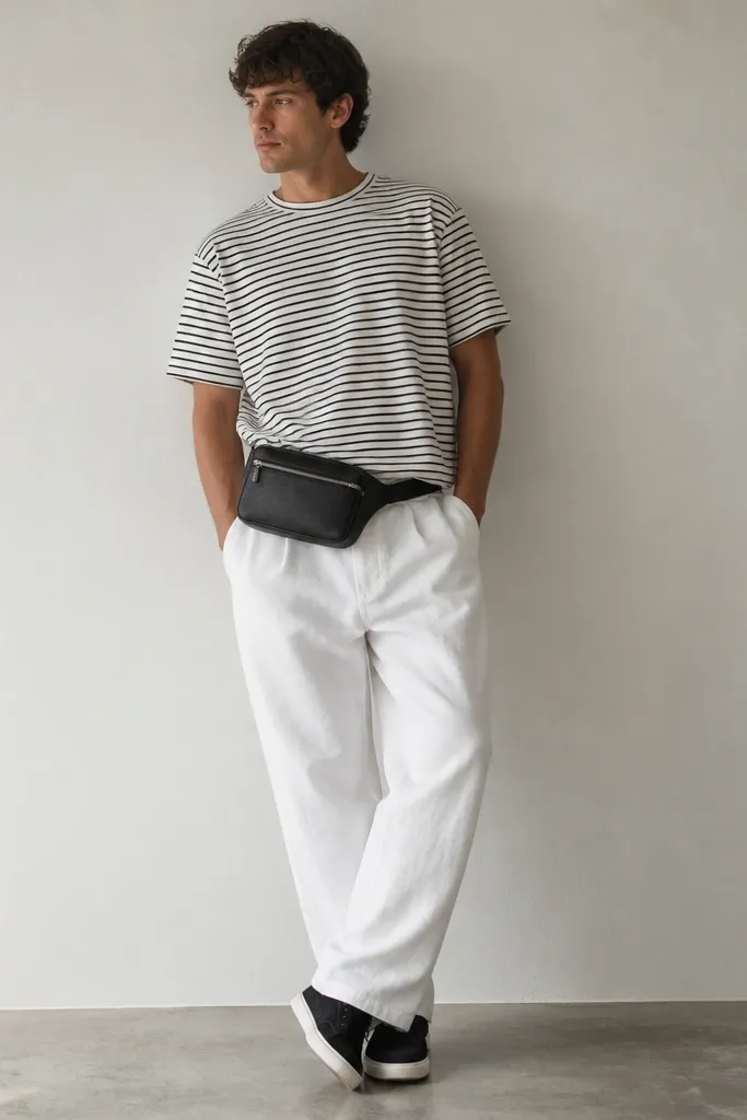 A man wears white baggy pants with a black-and-white striped tee. A black leather belt bag sits at his hip, and he wears black sneakers. The photo shows the bag worn across the waistband area.