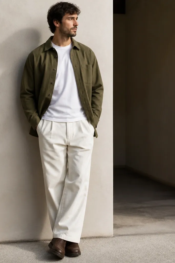 A man wears a white T-shirt under an olive overshirt. He has white baggy pants and dark brown leather boots. The overshirt is worn open, showing a clean layered look and a structured collar.