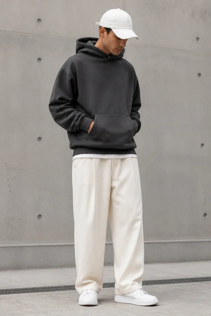 A man wears a charcoal hoodie with white baggy pants. He's got a white baseball cap and clean court-style sneakers. The hoodie is slightly oversized and the pants have a relaxed wide-leg drape.