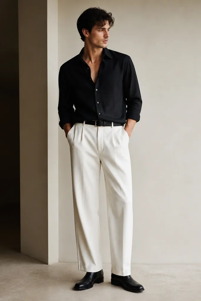 A man wears a black button-down shirt left unbuttoned at the top and tucked slightly into white baggy pants. He has black Chelsea boots and a belt. The picture shows a clean, sharp silhouette with the pants draping straight.