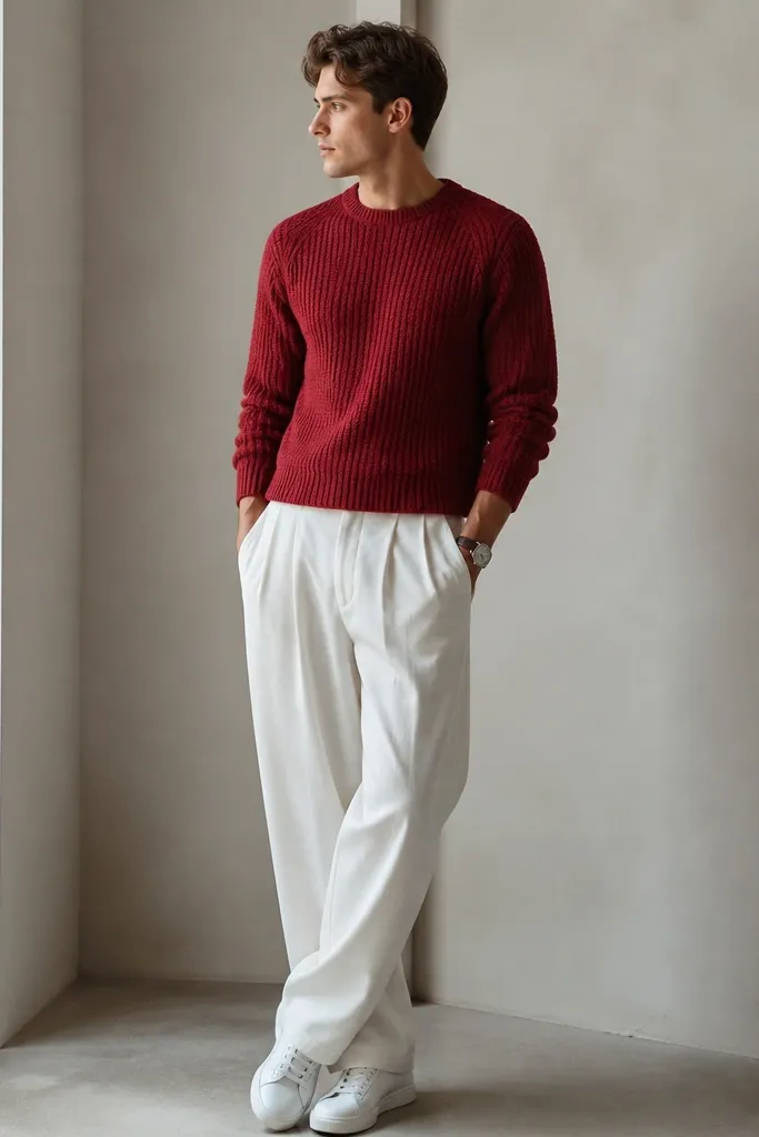 A man wears white baggy pants with a red knit sweater. He has white sneakers and a simple watch. The sweater looks thick and textured, and the pants hang loosely with a clean waistband.