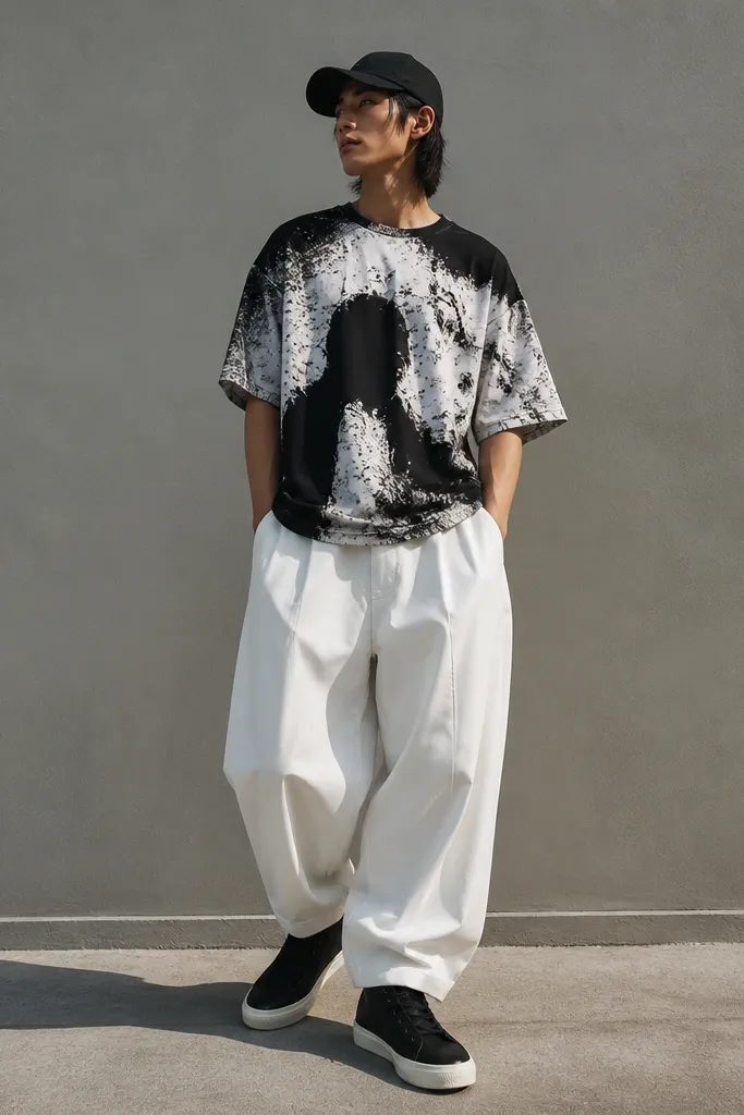 A man wears white baggy pants with a black-and-white graphic tee. He has black high-top sneakers and a black cap. The pants are loose and the graphic tee sits slightly oversized.