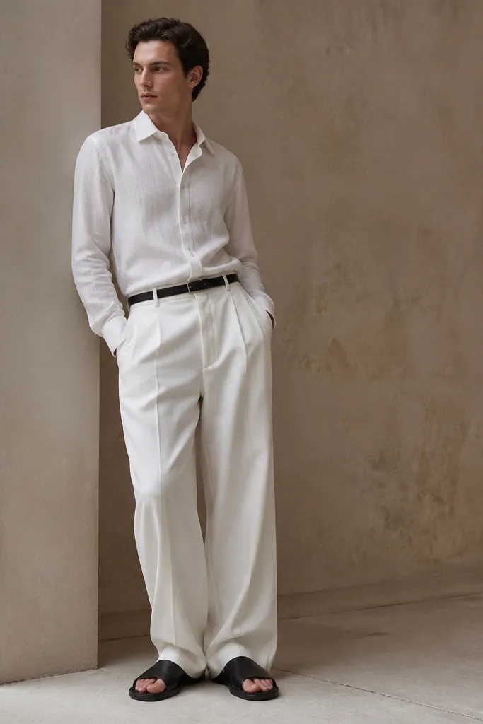 A man wears a white textured button-down tucked into white baggy pants, with a black belt visible at the waist. He wears black leather slides. The photo shows subtle texture differences between the shirt and pants.