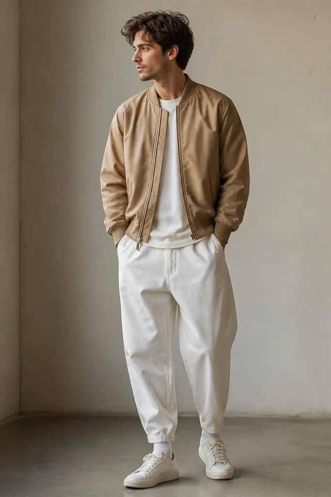 A man wears a tan bomber jacket with ribbed cuffs over a simple tee. He has white baggy pants and white crew socks peeking above low-top sneakers. The bomber has a clean zip front and a subtle sheen.