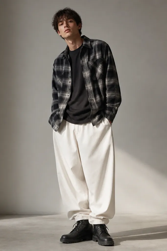 A man wears a black-and-gray plaid flannel shirt over a dark tee with white baggy pants. He has black lace-up boots and the flannel is left open. The pants drape with wide folds and the flannel shows a classic plaid pattern.