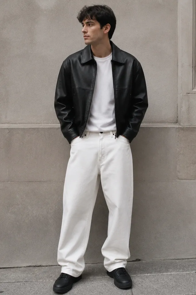 A man wears a black leather jacket over a white tee with white baggy pants and black sneakers. The leather has a matte finish, and the jacket sits slightly cropped around the waist.