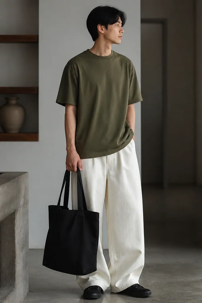 A man wears an olive short-sleeve tee with white baggy pants and carries a black canvas tote bag. He wears simple black sneakers. The photo shows the tote resting at his side and the pants with wide leg drape.