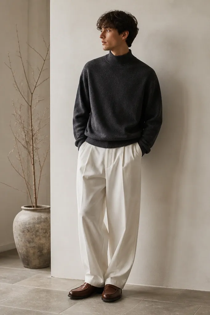 A man wears a charcoal mock neck sweater with white baggy pants and brown leather loafers. The sweater collar sits high and close to the neck; the pants drape wide and relaxed.