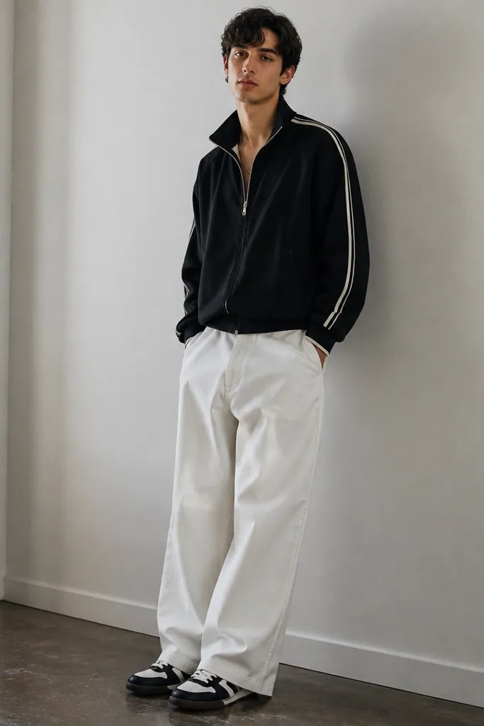 A man wears a black track jacket with a light stripe detail and white baggy pants. He has black-and-white sneakers with a retro soccer-style look. The track jacket is zipped halfway and the pants hang wide.