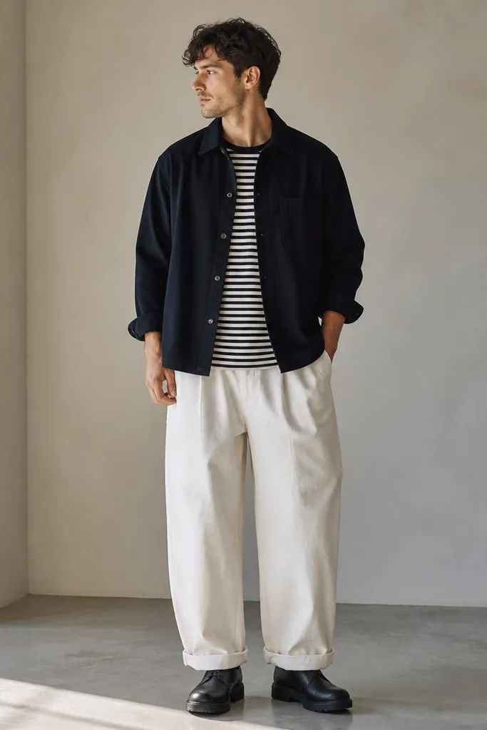 A man wears white baggy pants with a black overshirt over a striped tee. He has black work boots and a slightly rolled sleeve. The overshirt has button closures and a structured collar.
