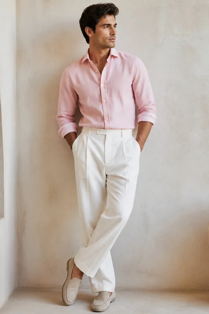 A man wears a pastel pink button-down shirt with the sleeves rolled up, paired with white baggy pants and nude loafers. The shirt is tucked neatly and the outfit looks clean and soft.