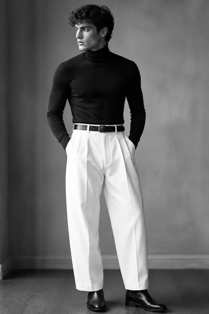 A man wears a black turtleneck sweater tucked into white baggy pants. He has a black leather belt and black boots. The photo shows a monochrome upper with a bright white lower and a strong belt line.