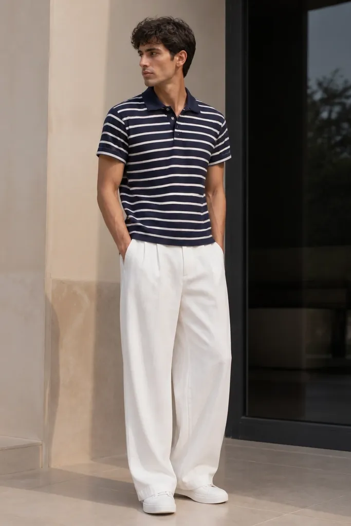 A man wears a navy-and-white striped polo shirt with white baggy pants and white sneakers. The polo collar is neat, sleeves are slightly rolled, and the pants hang wide with a clean hem.