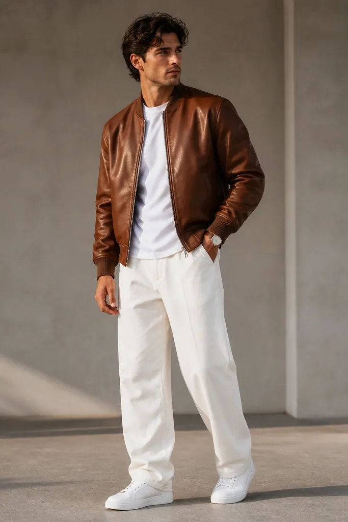 A man wears a cognac brown bomber jacket over a white tee. He has white baggy pants and wears clean white sneakers. A minimal watch is visible on his wrist; the bomber has a warm leather-like finish.