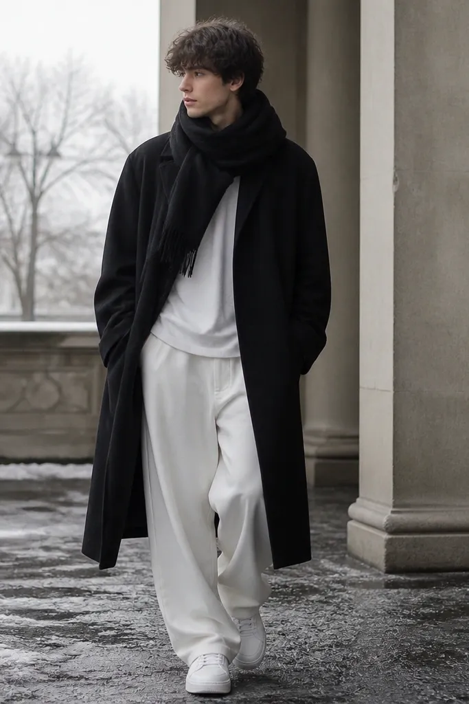 A man wears a black coat with a large black scarf wrapped around his neck. Underneath is a simple white tee and white baggy pants. He wears white sneakers; the photo shows winter layering and wide-leg drape.
