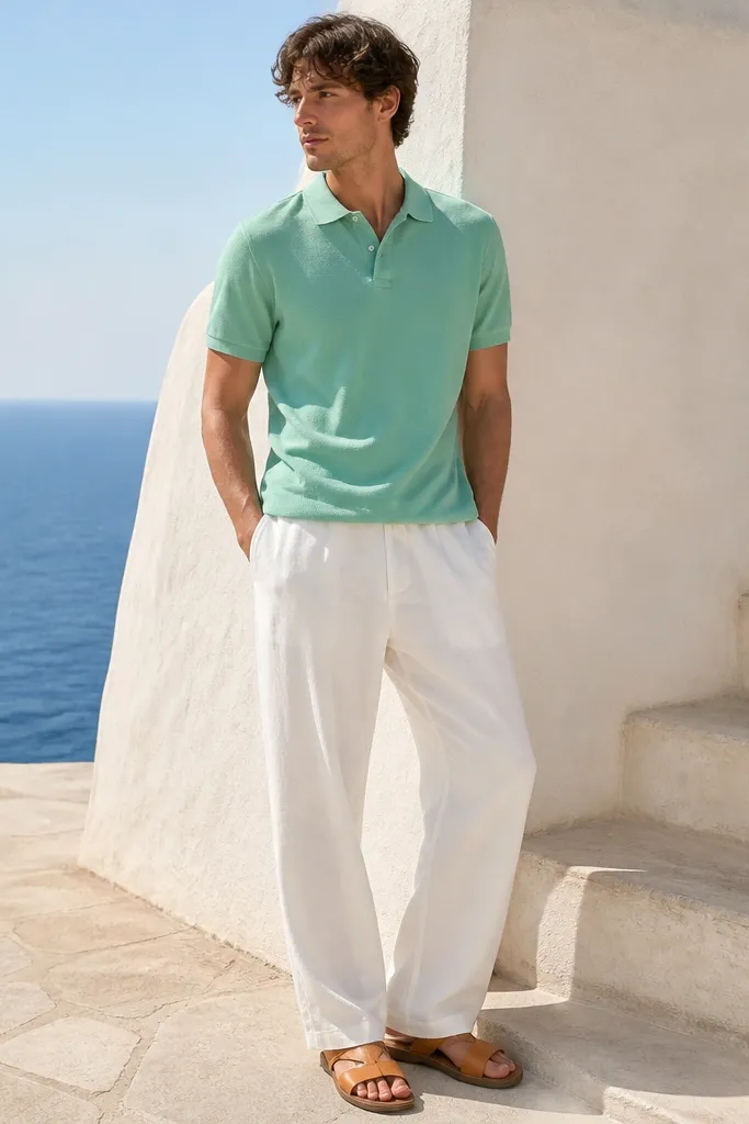 A man wears a seafoam green polo shirt with white baggy pants and tan leather sandals. The outfit is photographed outside in daylight, showing the soft seafoam color and relaxed pant drape.