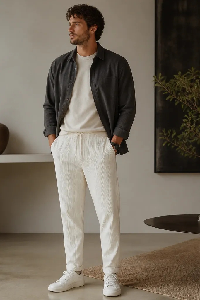 A man wearing white corduroy track pants with a charcoal button-up overshirt open over a cream crewneck tee. He has off-white leather low-top sneakers and a black watch. The pants show a clean ankle break.