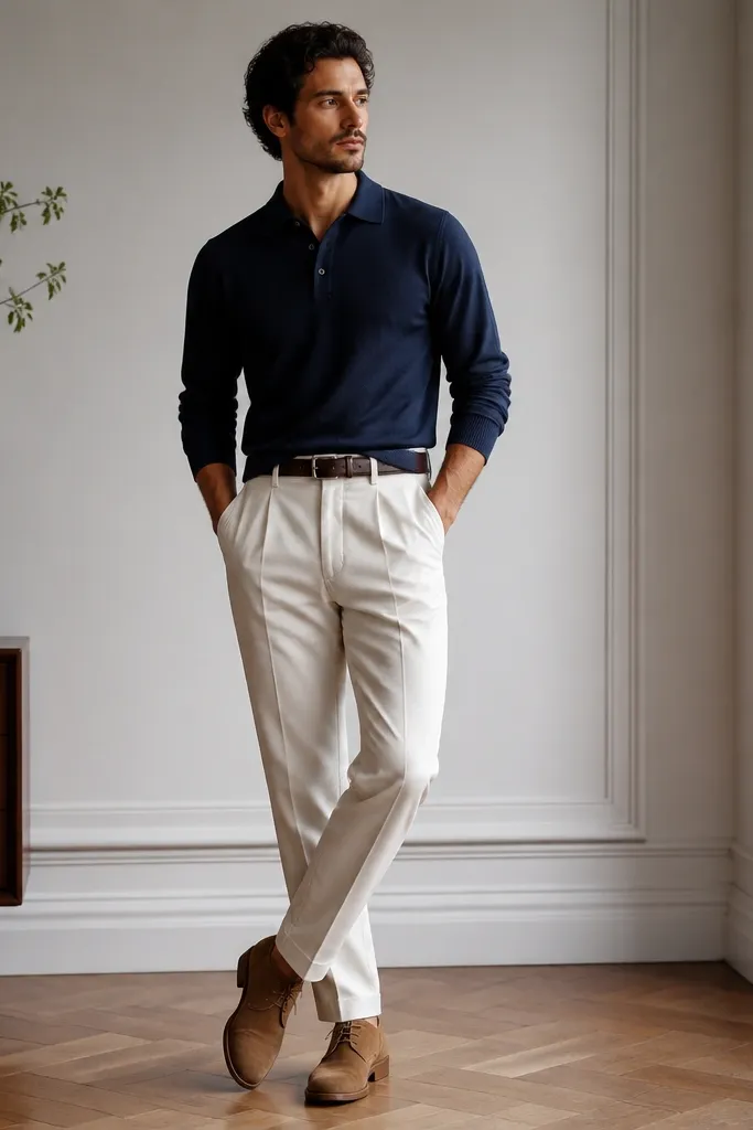 White corduroy track pants paired with a navy knit polo shirt. The man wears tan suede chukka boots and a dark brown leather belt. The overall look is clean and slightly dressed-up.