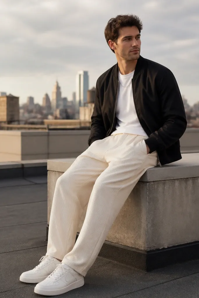 White corduroy track pants with a black bomber jacket over a plain white tee. The man wears white sneakers with subtle paneling and a minimal silver chain.