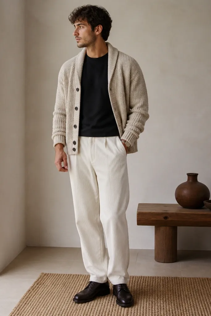 White corduroy track pants with an oatmeal knit cardigan worn over a black crewneck tee. The man wears dark leather derby shoes and a simple leather watch strap.