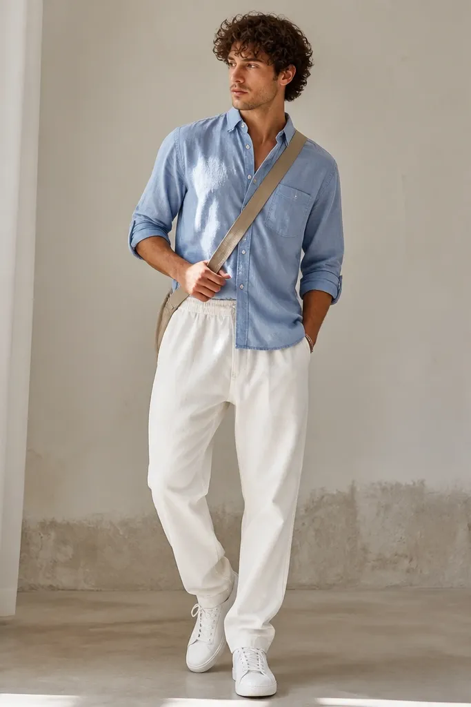 White corduroy track pants paired with a light blue chambray button-up shirt with sleeves rolled. The man wears clean white sneakers and a tan crossbody bag strap.