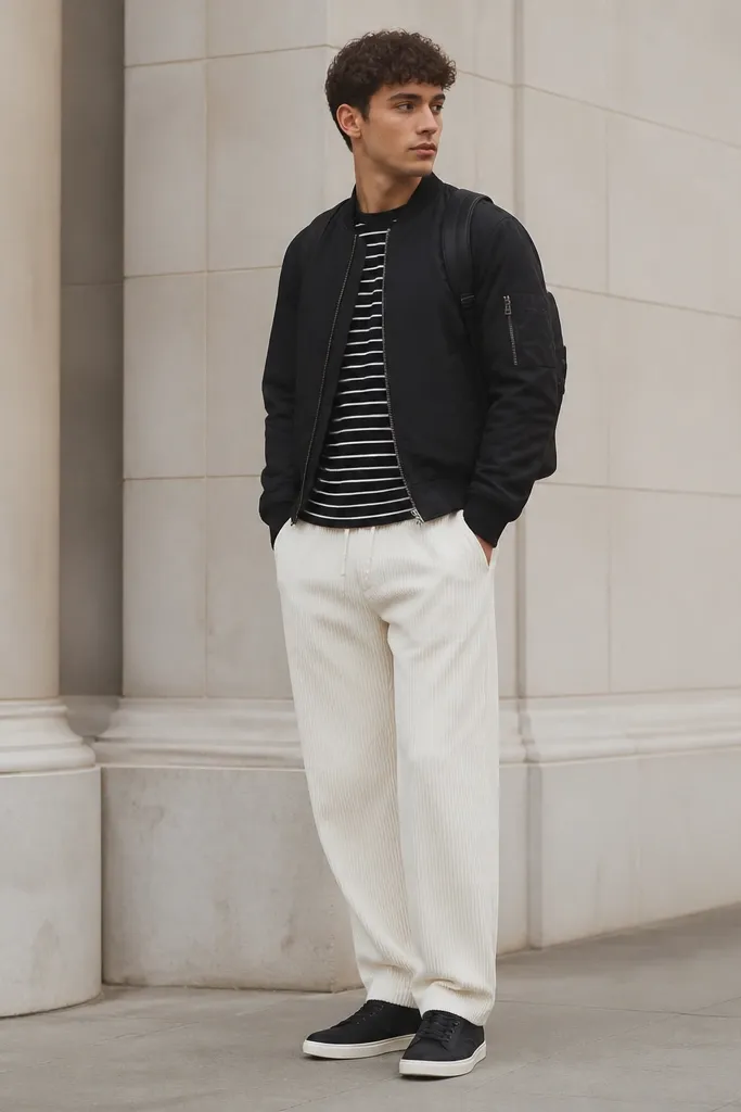 White corduroy track pants with a black bomber jacket over a black-and-white striped tee. The man carries a small minimalist backpack and wears black low-top sneakers.