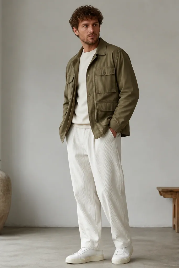 White corduroy track pants styled with an olive utility jacket. The man wears a cream crewneck and white trainers with a slightly thicker sole.
