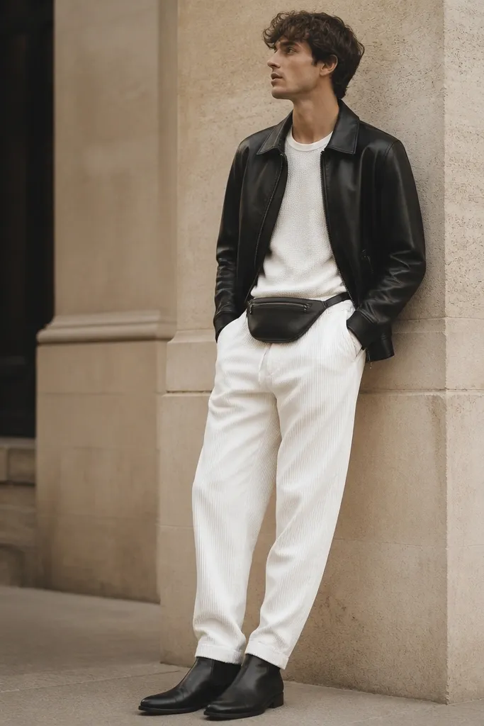 White corduroy track pants with a black leather jacket over a white knit tee. The man wears black Chelsea boots and a small leather belt bag.