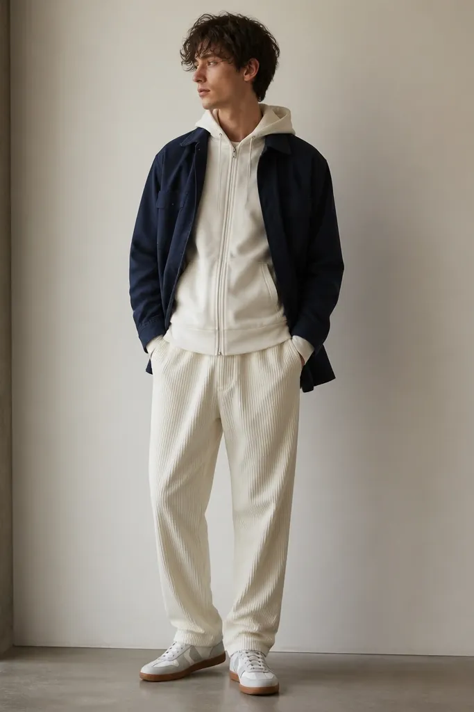 White corduroy track pants with a cream zip-up hoodie layered under a navy overshirt. The man wears low-profile sneakers and keeps the overshirt open.