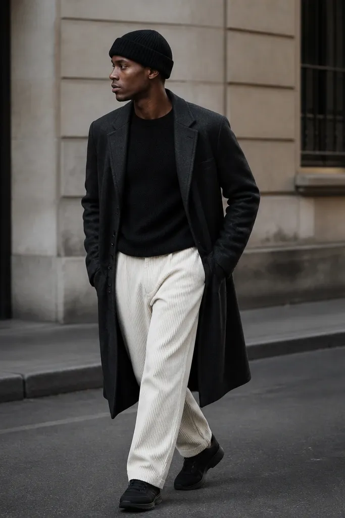 White corduroy track pants under a long charcoal coat. The man wears a black knit beanie, a black sweater, and dark sneakers.