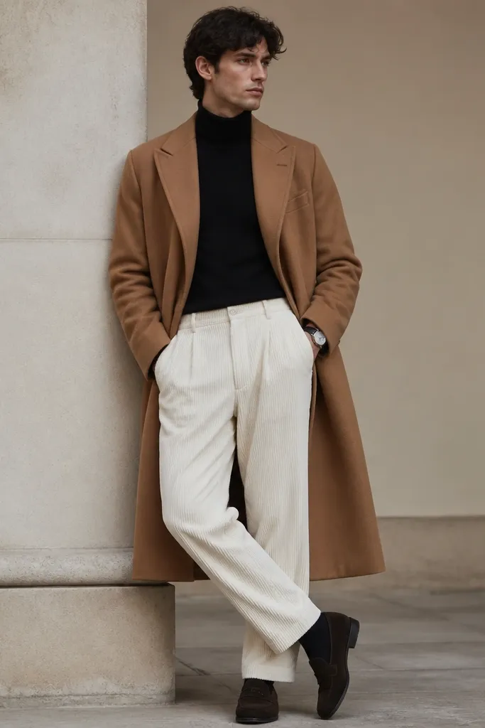 White corduroy track pants styled with a camel overcoat and a black turtleneck. The man wears dark loafers and a simple watch.