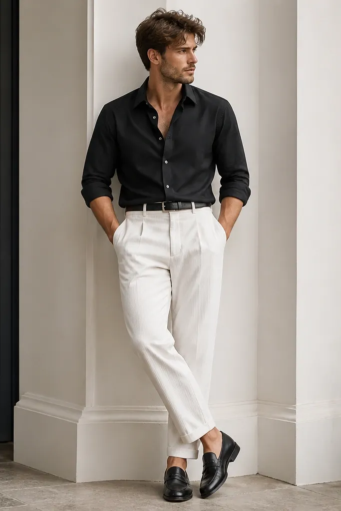 White corduroy track pants with a black button-down shirt rolled at the sleeves. The man wears black loafers and a thin leather belt.