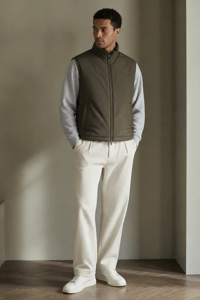 White corduroy track pants with a light gray crewneck sweater under a bomber vest. The man wears white sneakers and keeps the vest zipped.