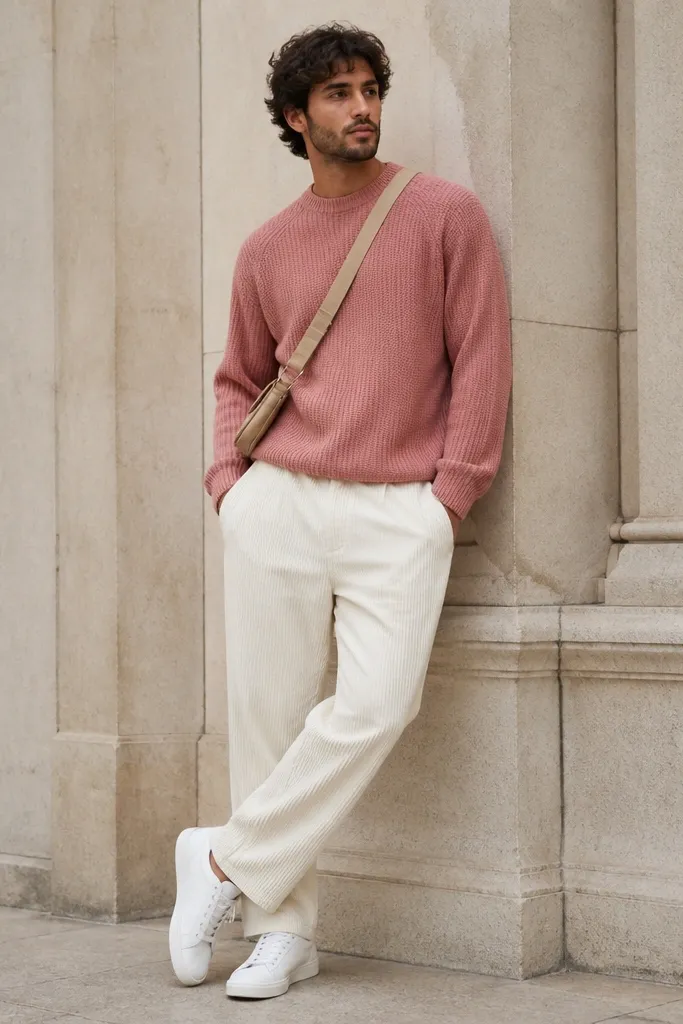 White corduroy track pants with a dusty rose knit sweater. The man wears clean white low-top sneakers and a tan crossbody bag.