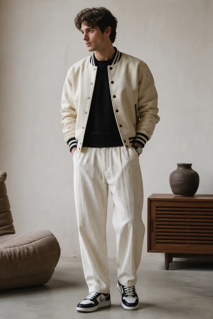 White corduroy track pants with a cream varsity jacket over a black tee. The man wears black-and-white sneakers and a simple leather watch.