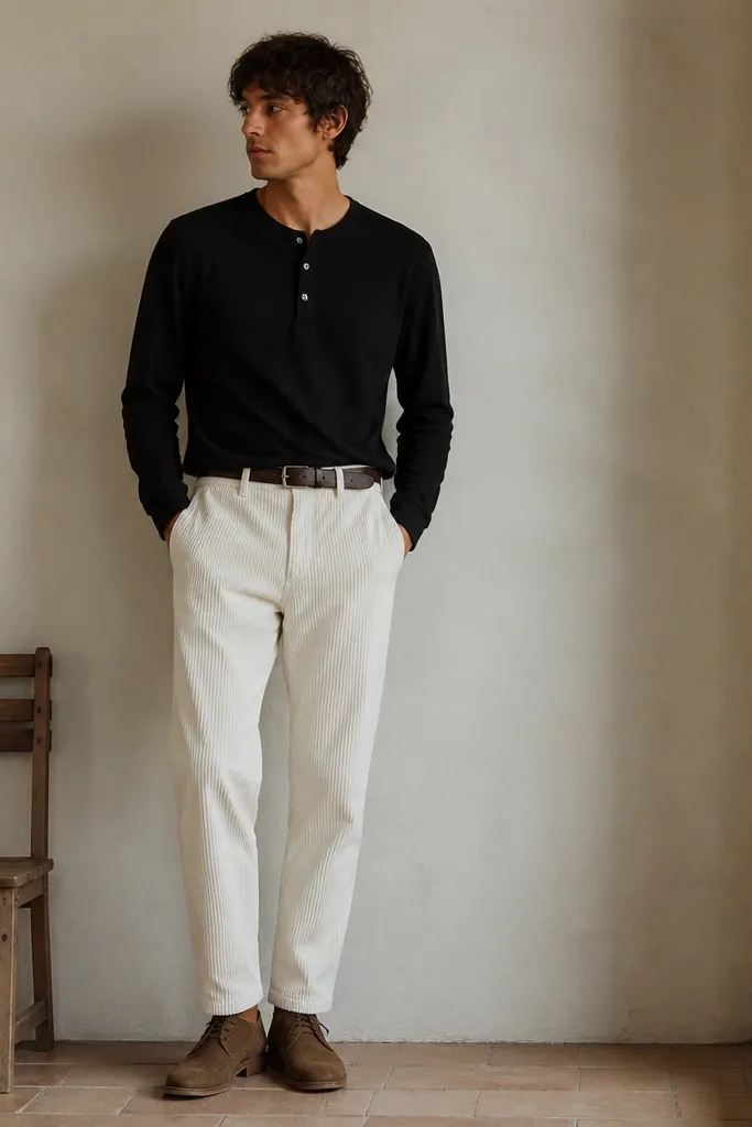 White corduroy track pants paired with a black long-sleeve henley. The man wears suede desert boots and a dark belt.