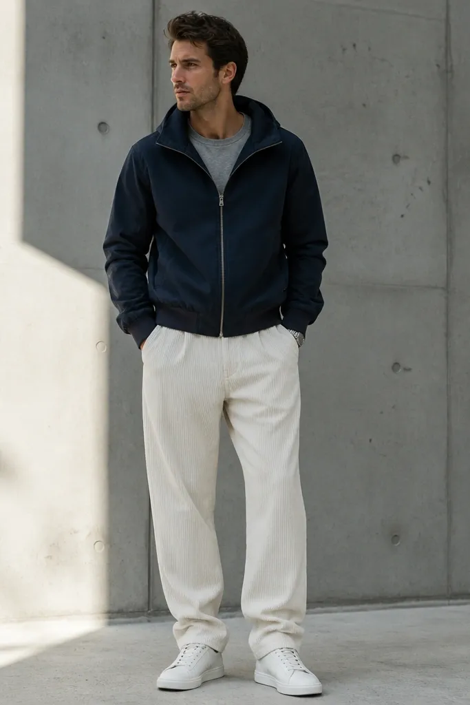 White corduroy track pants with a navy bomber-style hoodie. The man wears white leather sneakers and keeps the look minimal with a small silver watch.