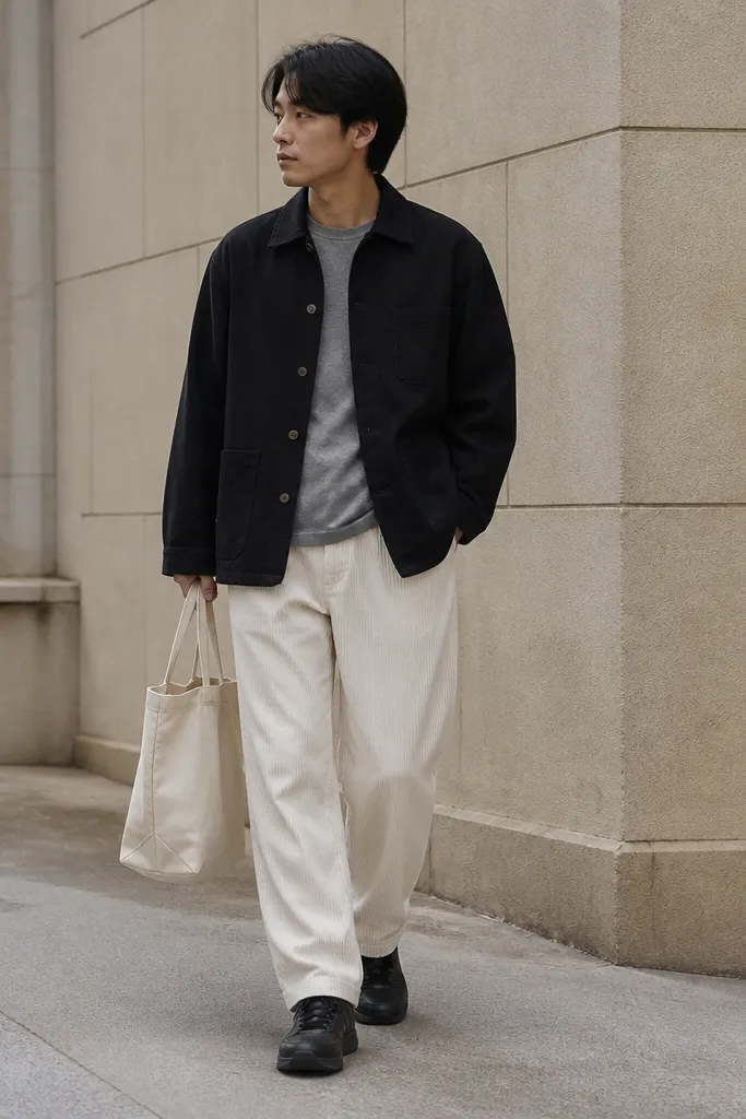 White corduroy track pants with a black chore coat worn over a gray tee. The man wears dark sneakers and a canvas tote.