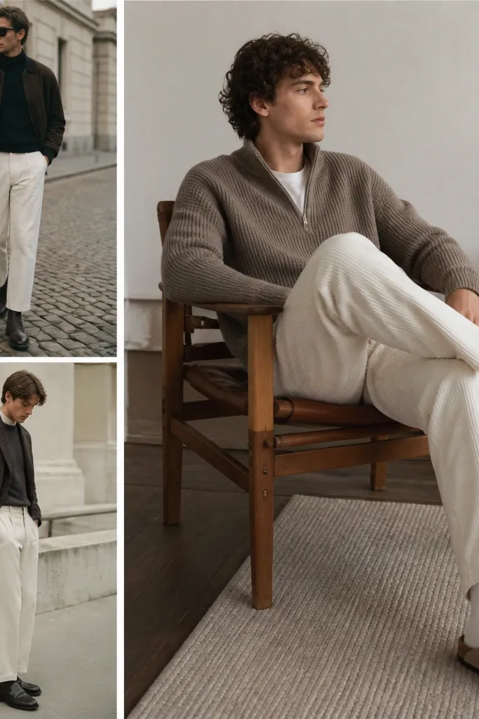 White corduroy pants outfits for men that feel cozy chic