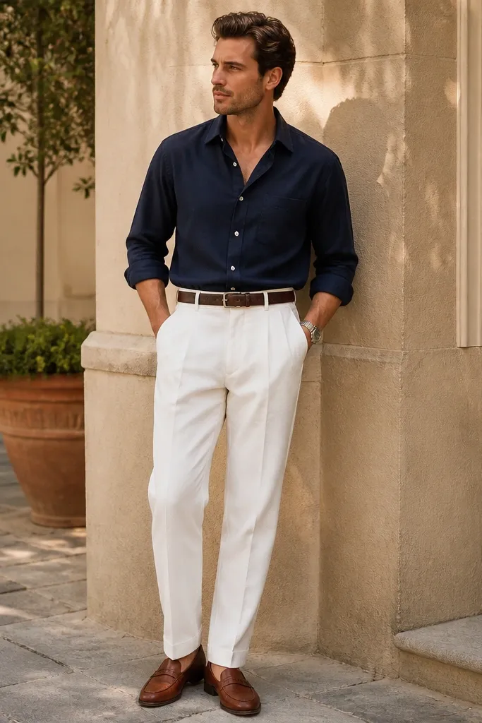 Man wearing white linen pleated trousers with a navy button-down Oxford shirt, sleeves rolled once, belt in dark brown, and leather loafers in cognac; bright daylight shows crisp fabric texture and a single hem break.