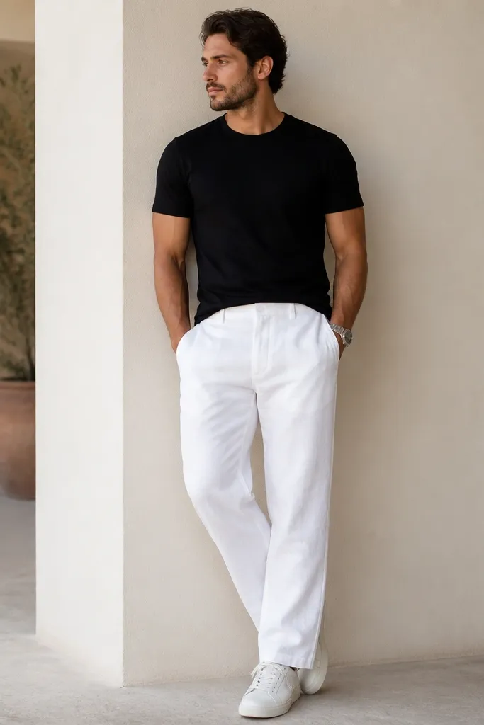 White straight-leg linen pants with a black fitted crewneck T-shirt, white low-top sneakers, and a minimal silver watch; the shirt is tucked slightly at the front and falls cleanly.