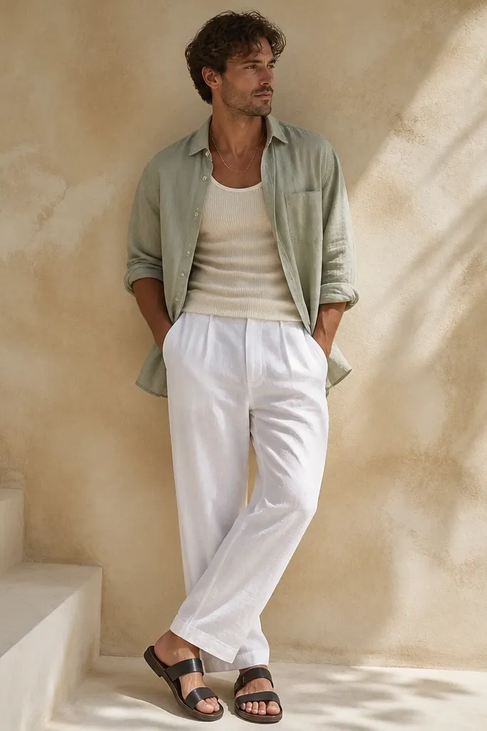 White linen pants with an unbuttoned light sage linen shirt worn open over a cream ribbed tank, black sandals, and a gold chain peeking at the neckline.