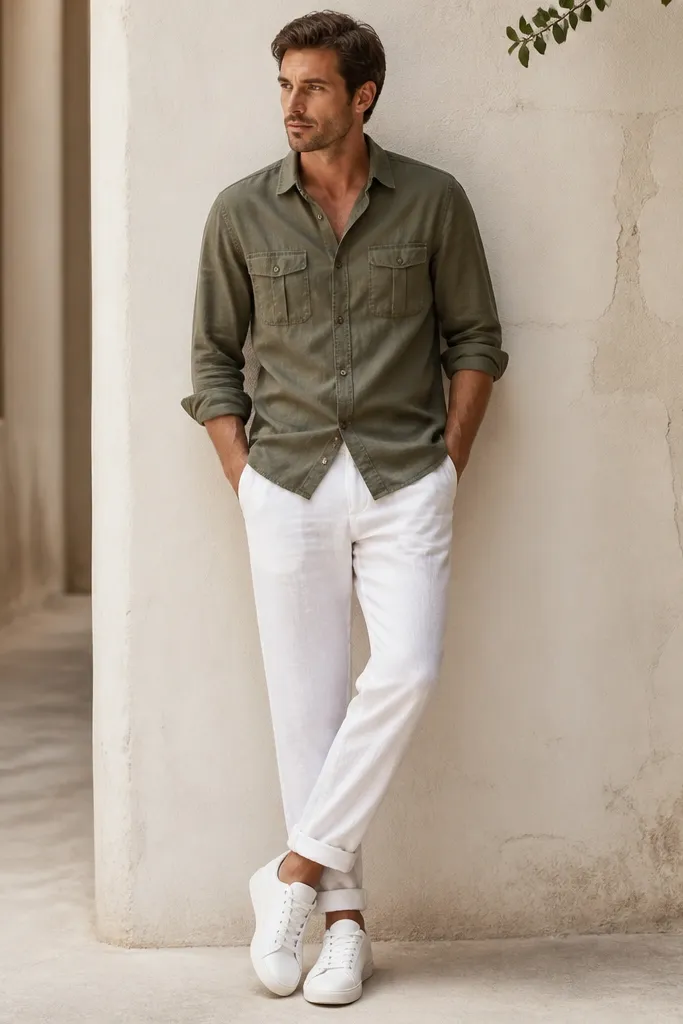 White linen pants with an olive utility button-up shirt, shirt pockets visible, cuff rolled, and clean white sneakers; the hem is slightly rolled for a casual vibe.