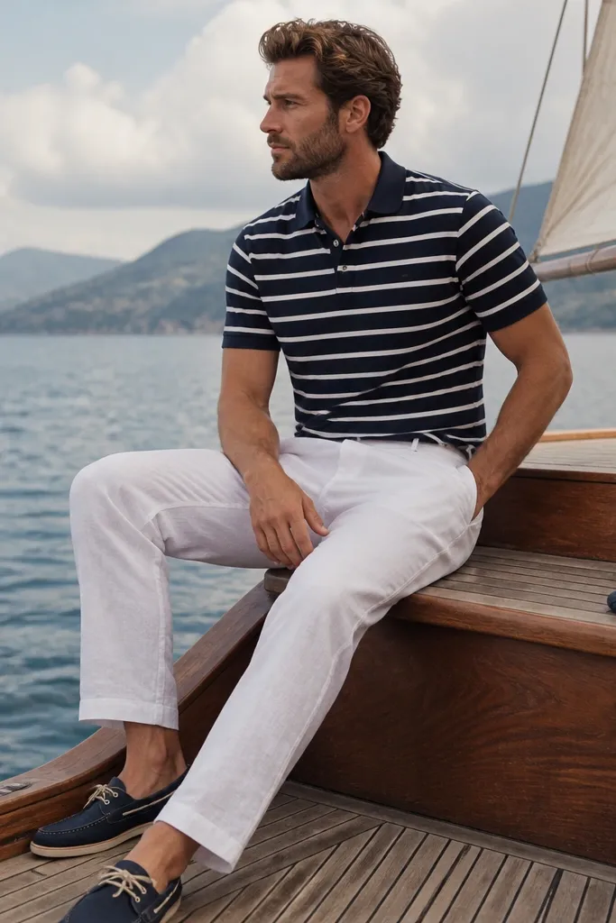 White linen pants with a navy-and-white striped polo, sleeves slightly above the elbow, and navy boat shoes; the stripes run cleanly without stretching.