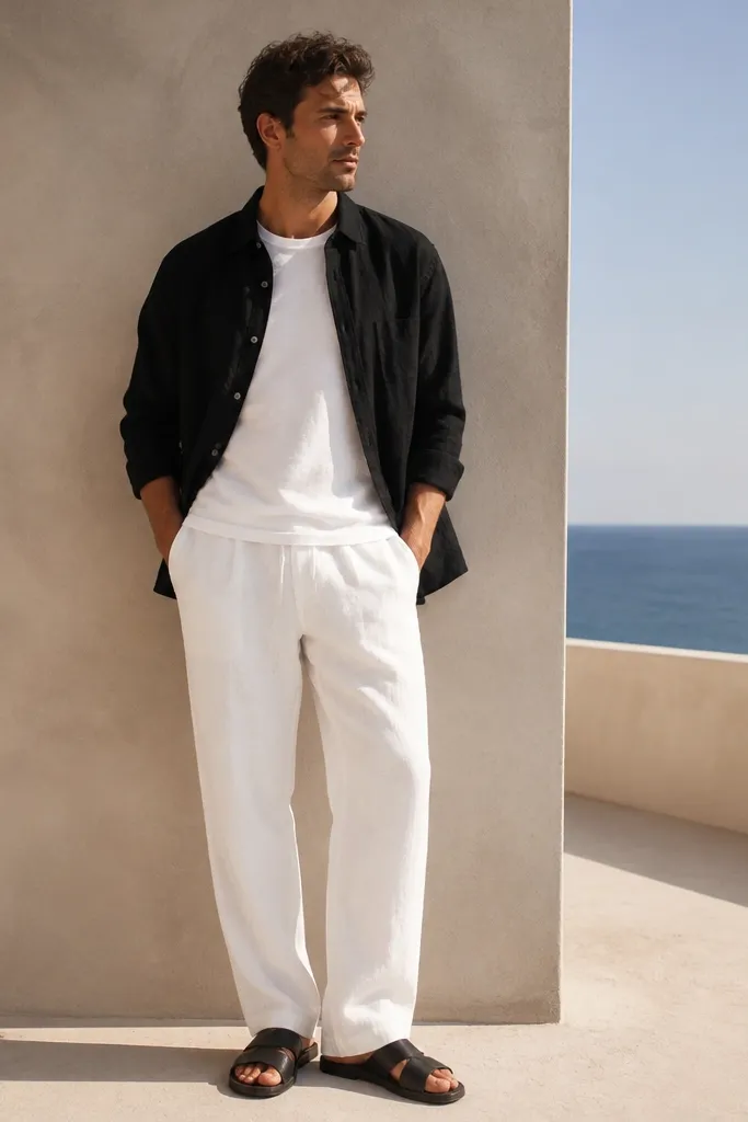 White linen pants with a black linen button-up worn open, white crew tee underneath, and black leather sandals; the shirt hangs loosely with visible linen texture.