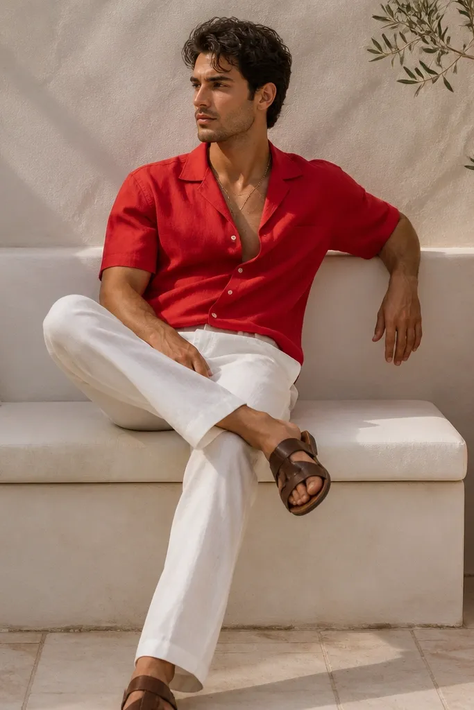 White linen pants with a bold red short-sleeve camp collar shirt, shirt slightly open at the top, brown leather sandals, and a simple gold chain.