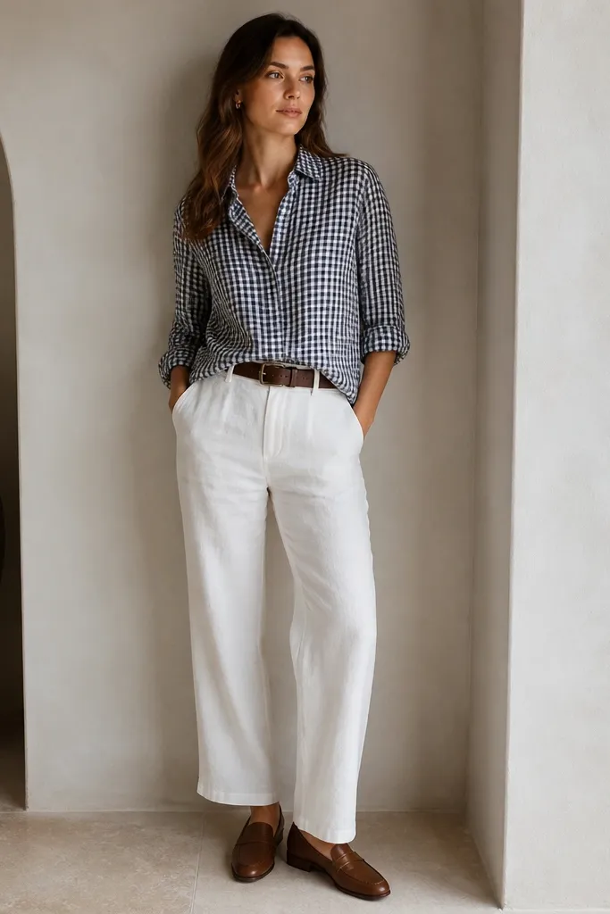 White linen pants with a black-and-white gingham button-up, sleeves rolled, tucked at the front, brown loafers, and a dark brown belt.