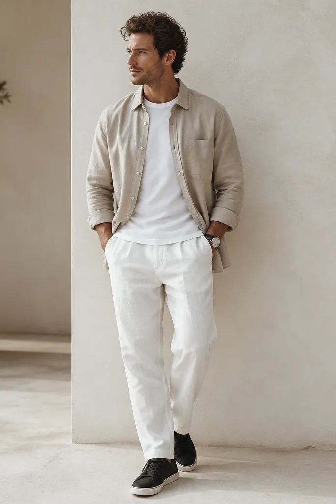 White linen pants with a stone-colored linen overshirt worn open over a white crew tee, black sneakers, and a watch with a leather strap.